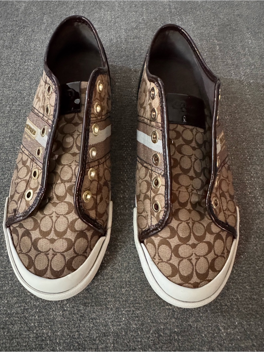 Coach Brown Monogram Slip-On Athletic Sneakers with Gold Accents